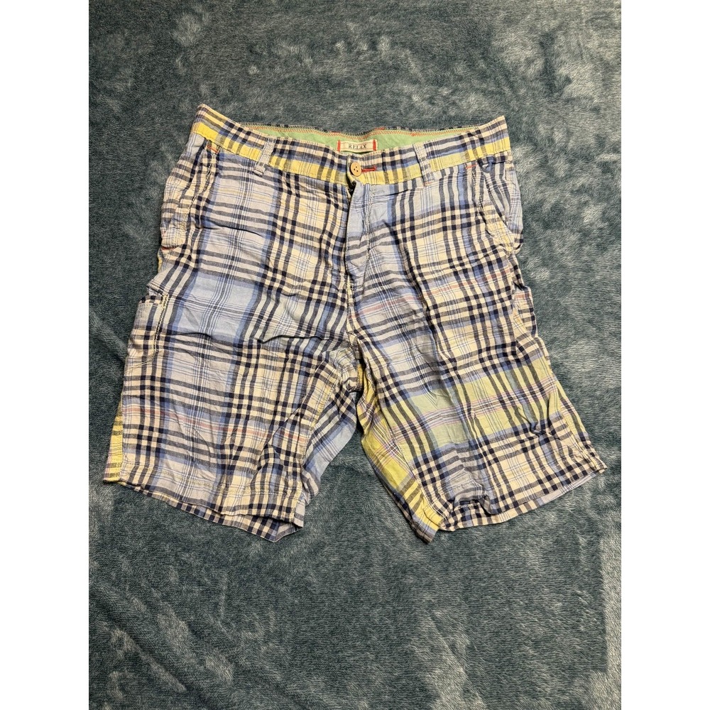 Tommy Bahama Relax Mens Plaid Shorts Size 32 Blue Yellow Linen Beach 10" Inseam